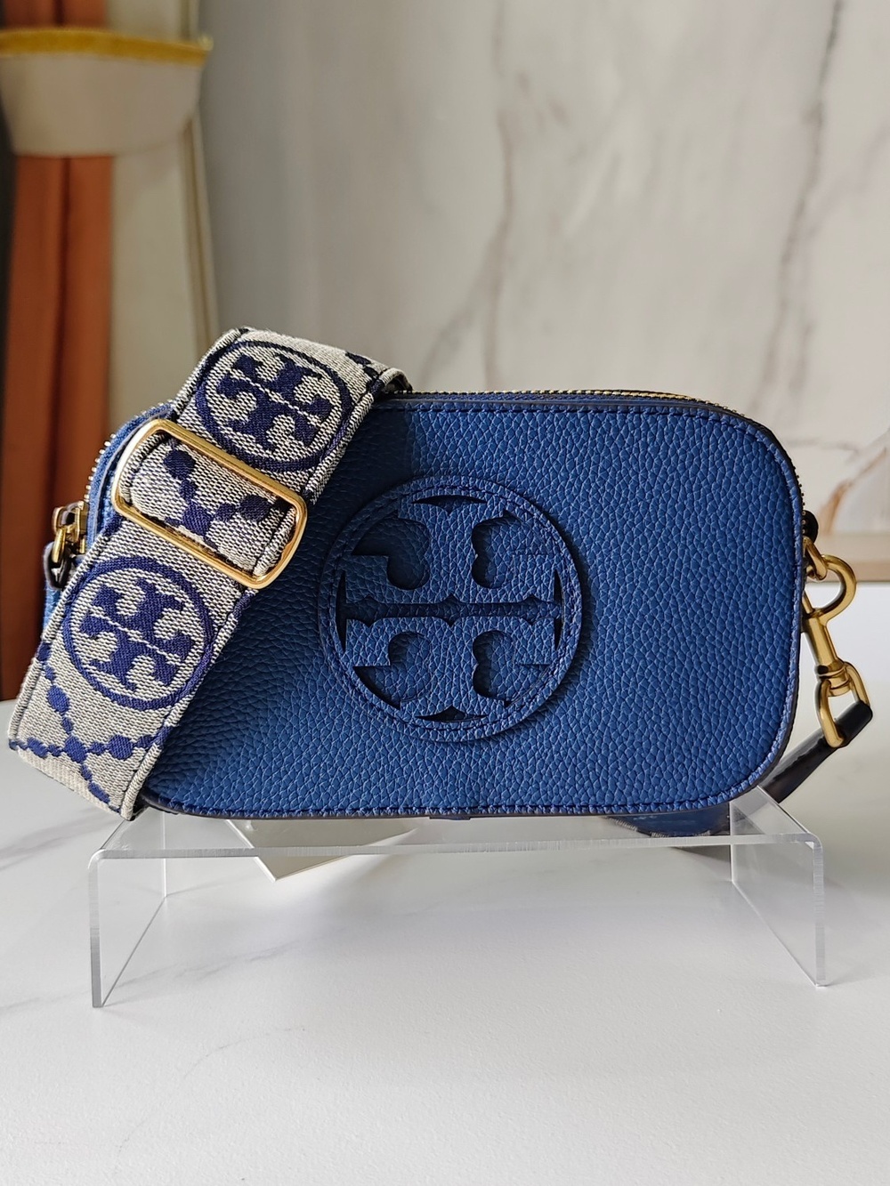 Tory Burch Navy Crossbody - Patterned Strap Pebbled Leather